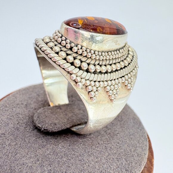 VTG Sterling SIlver 925 Large Oval Amber Rope Border Statement Ring Size 9.75 - Picture 2 of 10